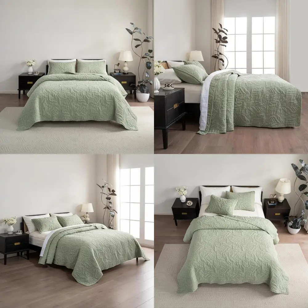 

Cotton Quilt King Size Green Bedding Ensemble, Water-Washed 3-Piece Cozy Lightweight Stitched Decorative Cover