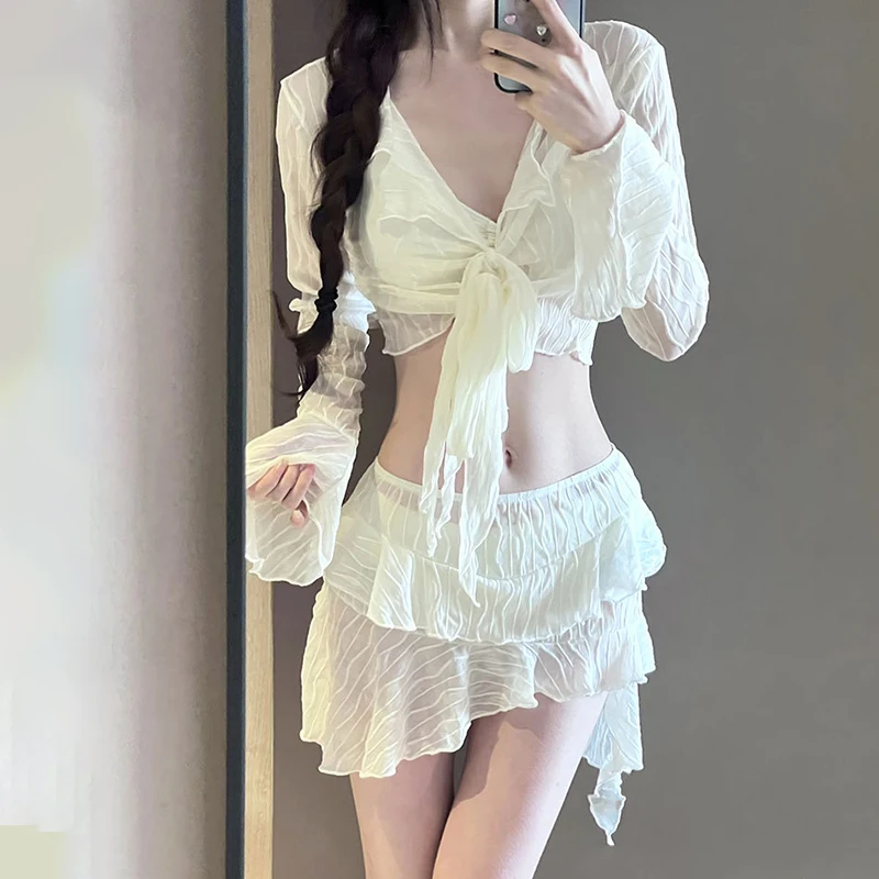 Korean Fashion Bikini Four Piece Set Women Lace Up Flare Sleeve Cardigan Irregular Lace Trim Swimsuit Sexy Beach Bathing Suit