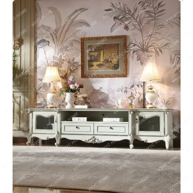 XX pastoral solid wood hand-painted TV cabinet 2.4M  carved floor cabinet storage locker