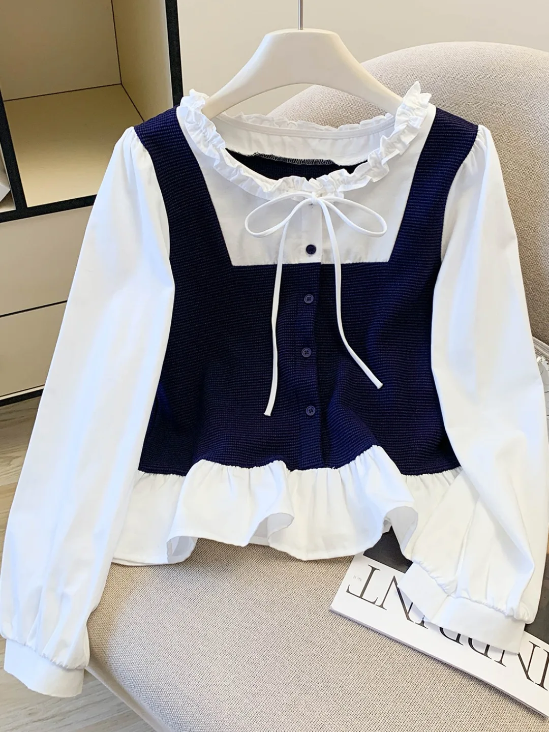 

Women's Long Sve irt Floral Trim Collar Tie Dotted Panel Splicing ort Length Autumn New Sle Small Size Fem Top