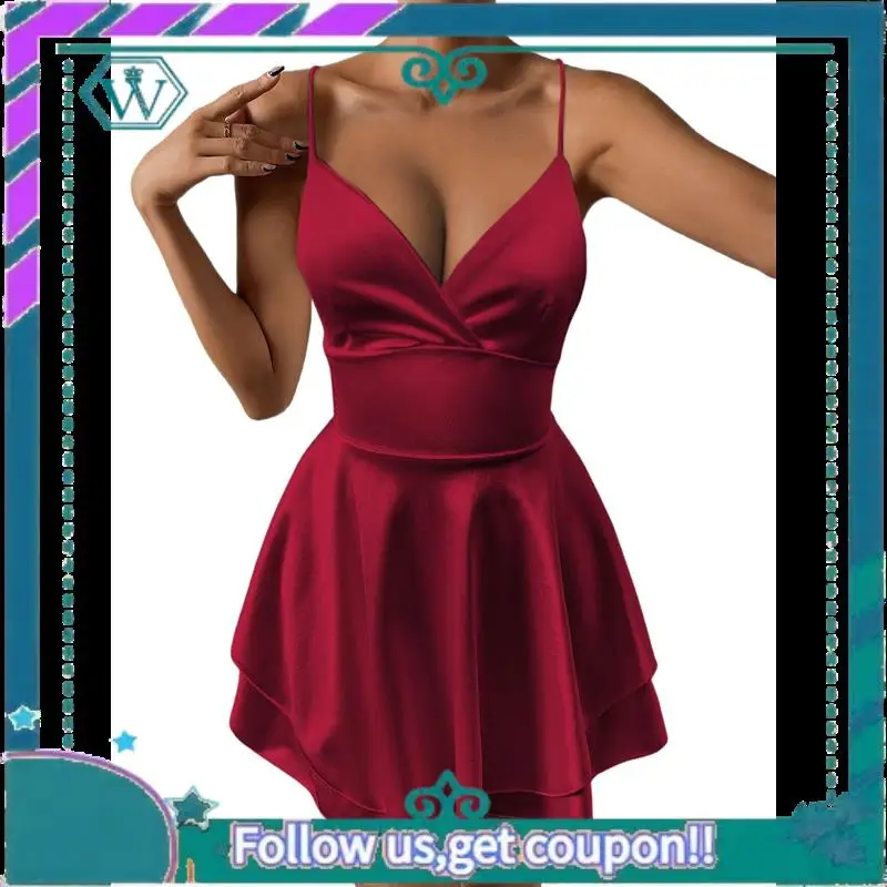 

A09P Women Spaghetti Strap Satin Dress Sleeveless Low Cut Backless Short Romper Dress Party Jumpsuit