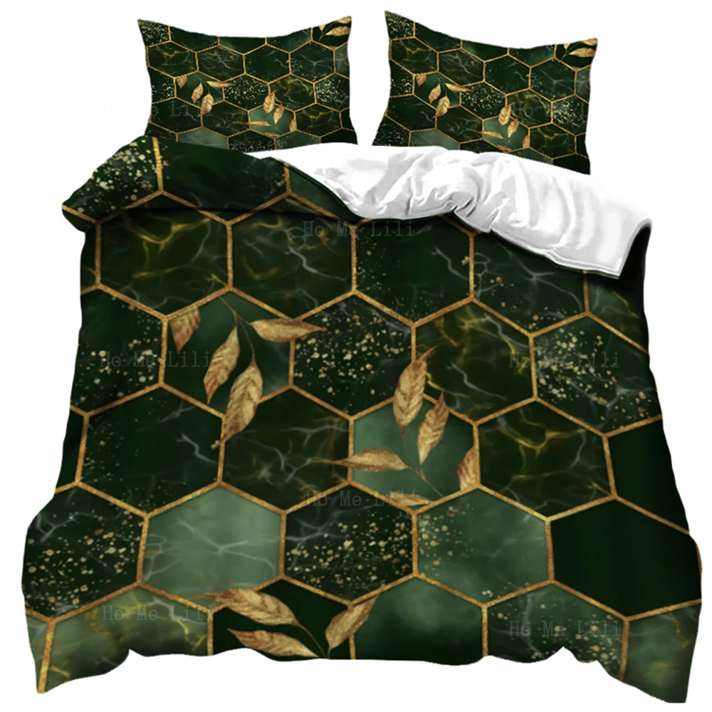 

Bees On Honeycomb Geometry Hexagon Pattern Marble Texture Yellow Leaves Ombre Art Duvet Cover Bedding