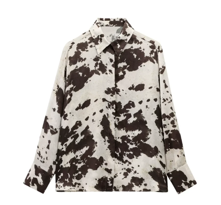 Print Satin Skirt Set Women's Suit Oversized Long Sleeve Shirt 2 Piece Sets Woman Outfit High Waist Lace-Up Skirt Sets