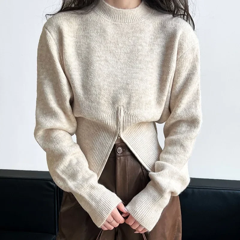 Mode Lässig Vielseitig Gestrickte Cinched Taille Pullover Retro Elegante Solide Herbst Winter Pullover Langarm Mock Neck Jumper
