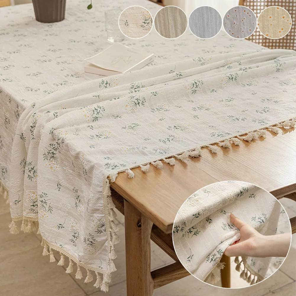 

1PC Rural Floral Daisy Lace Tassels Cotton Rectangle Table Cover for Tea Table Decorations Kitchen Living Room Wedding Party Use