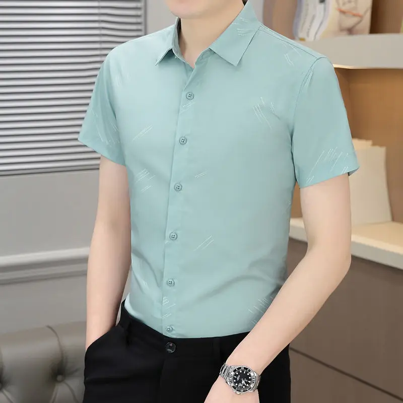 Minimalist Business Casual Square Neck Ice Silk Fabric Button Summer Men\'s Fashion Versatile Printed Short Sleeve POLO ShirtsTop