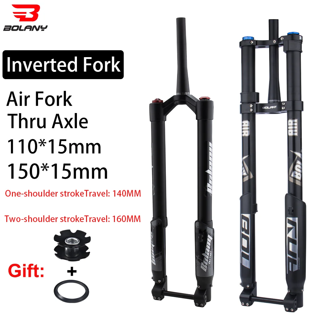 BOLANY Eectric Bicycle Air Suspension 15*150mm Damping Fork 160MM Thru Axle Inverted Fork Shoulder Tapered Rebound Adjustable