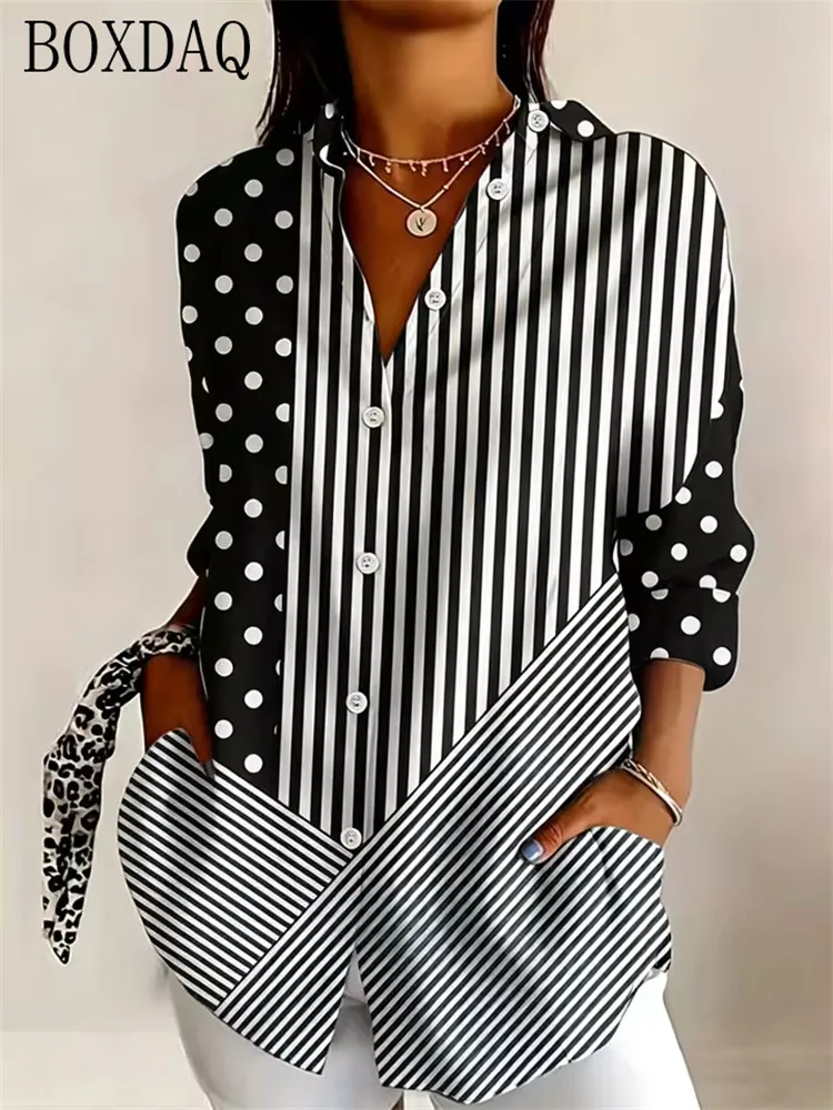 Long sleeved mixed print polka dot striped casual women's shirt elegant daily lapel button up shirt for spring and autumn
