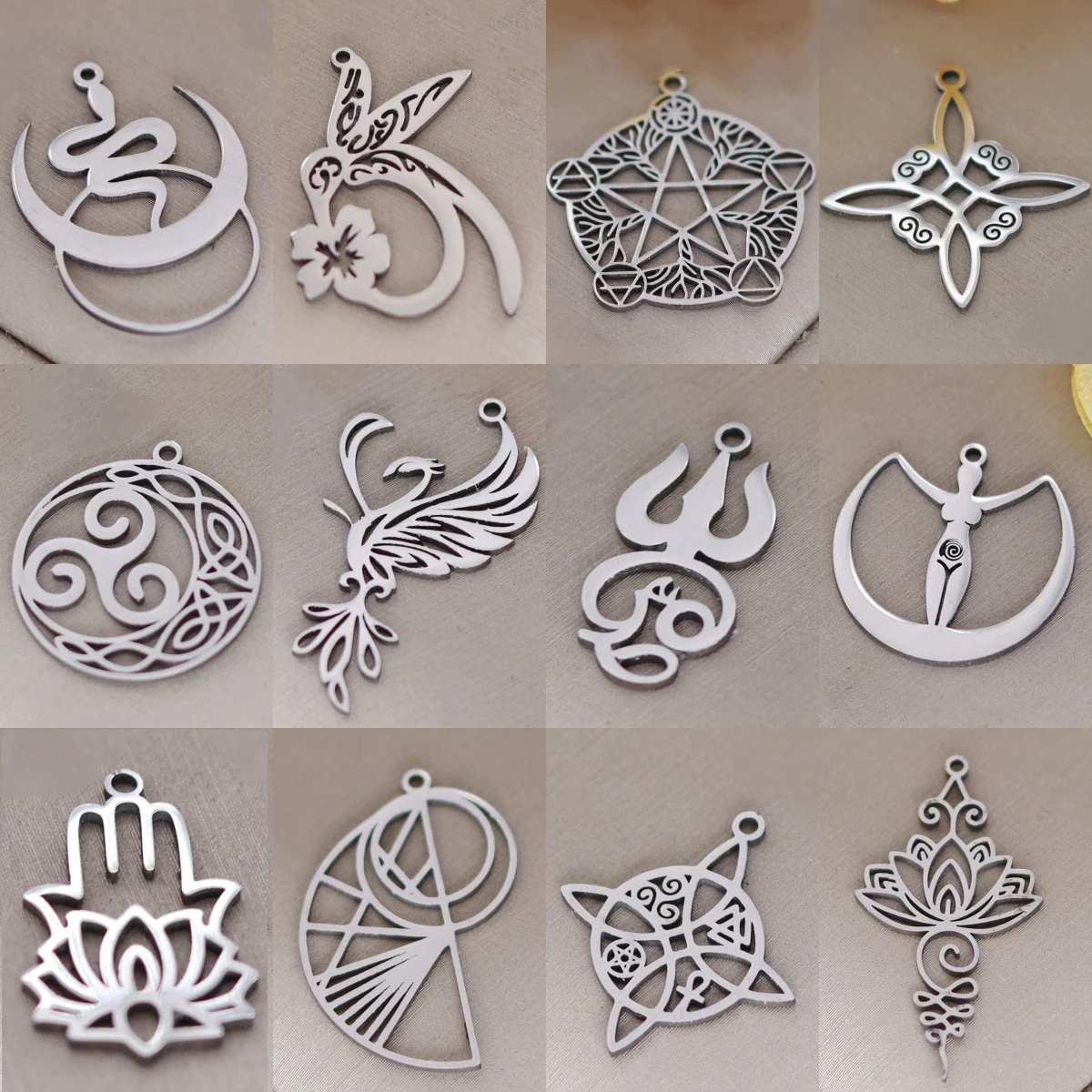 3pcs DIY Vintage Earrings Filigree Phoenix Bird/Hummingbird/Snake/Witch Knot Charm Amulet Jewelry Making Stainless Steel Pendant