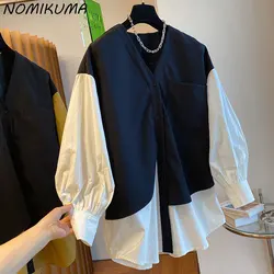 Nomikuma Korean Contrast Color Patchwork Blouse Women Causal Lantern Long Sleeve V-neck Blusas Shirt 2023 Autumn New Tops Mujer