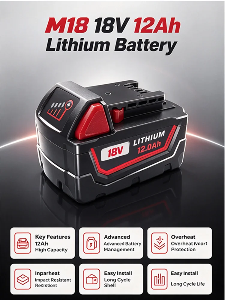 Neu 100% für Milwaukee M18 18V Elektrowerkzeug-Akku 12,0Ah 8,0Ah Wiederaufladbarer Ersatz-Lithium-Ionen-Akku mit 48-11-1860 48-11-1850 48-11-1840 12000mAh Große Kapazität 1/2/4 PACK – Detail 1