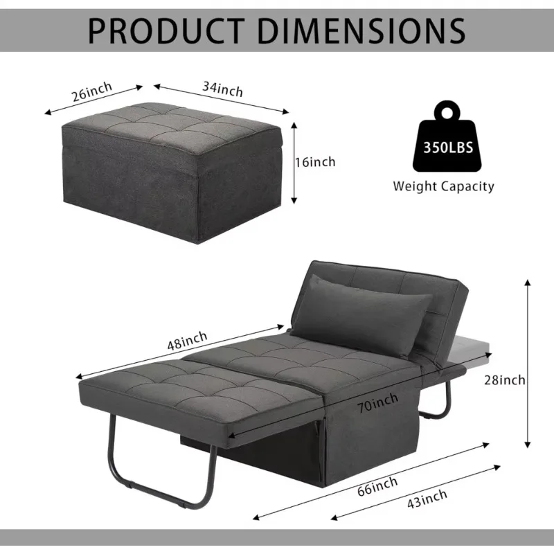 Sofa bed, 4-in-1 multifunctional folding Ottoman breathable linen sofa bed with adjustable back