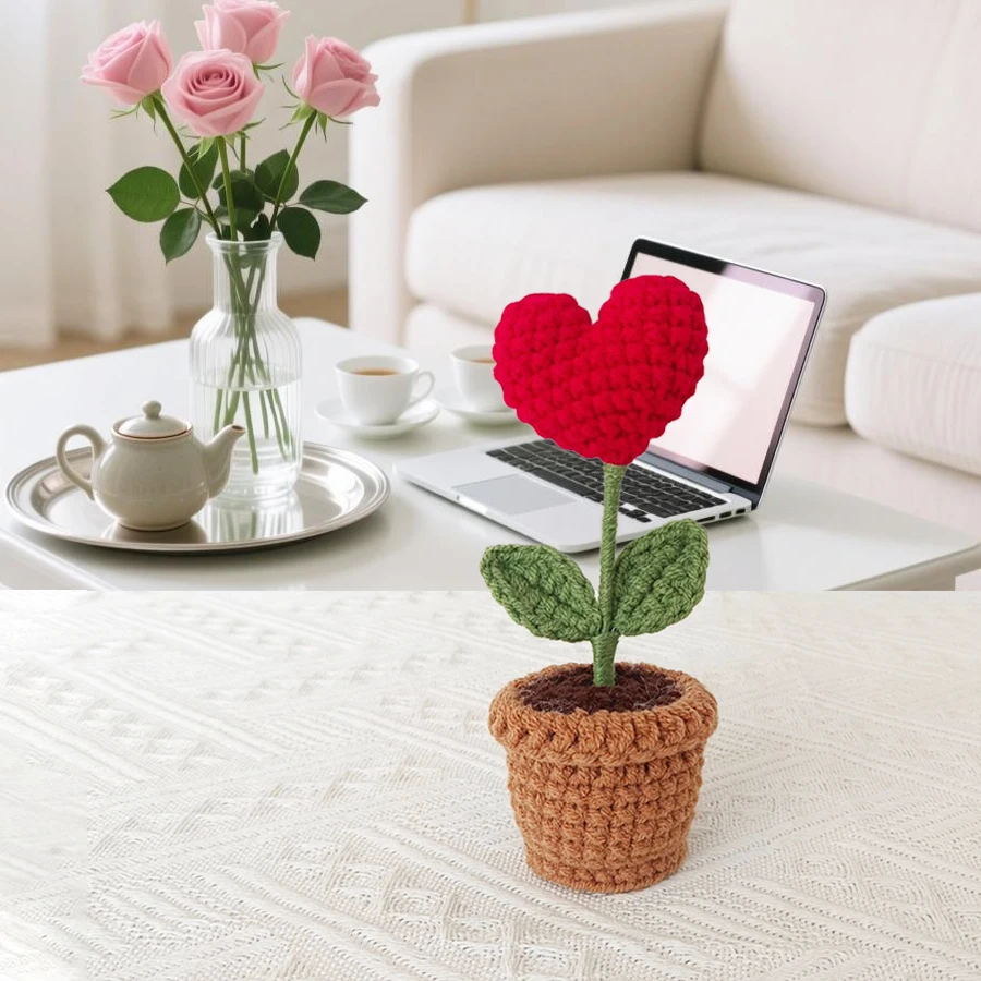 Warme und romantische kleine Ornamente, handgehäkelte rote Herzrosen, kleine Topfpflanzen, Fensterbank, Desktops, Schlafzimmer, Wohnzimmer, Arbeitszimmer, Dekorationen, Geburtstag, Hochzeit,