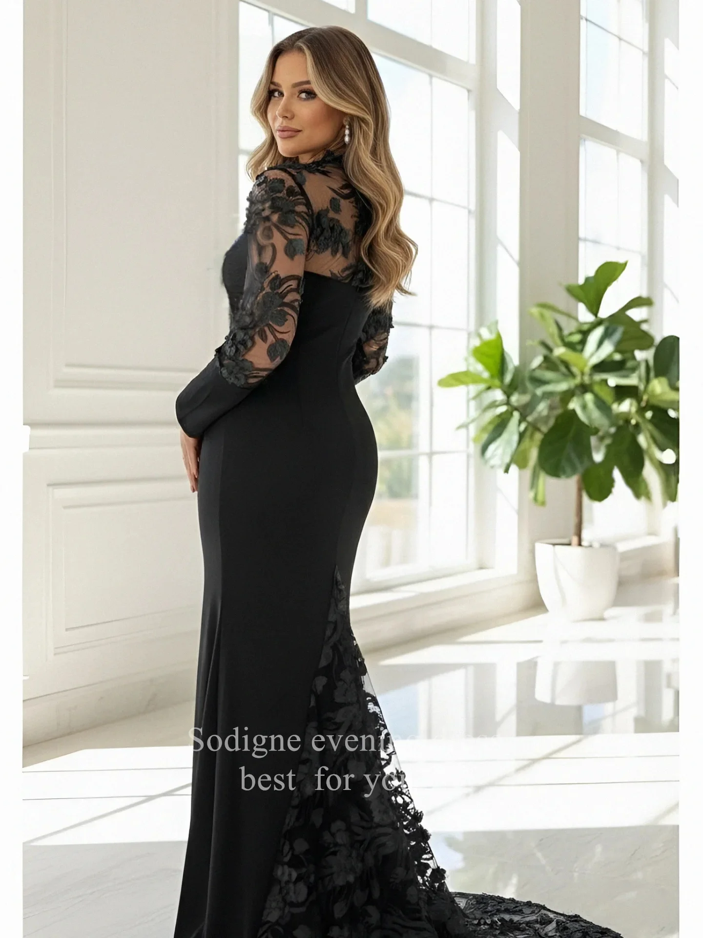 SoDigne Elegant Black Evening Dresses Appliques Full Sleeves Party Dres Mermaid Floor-Length Prom Gowns Customized