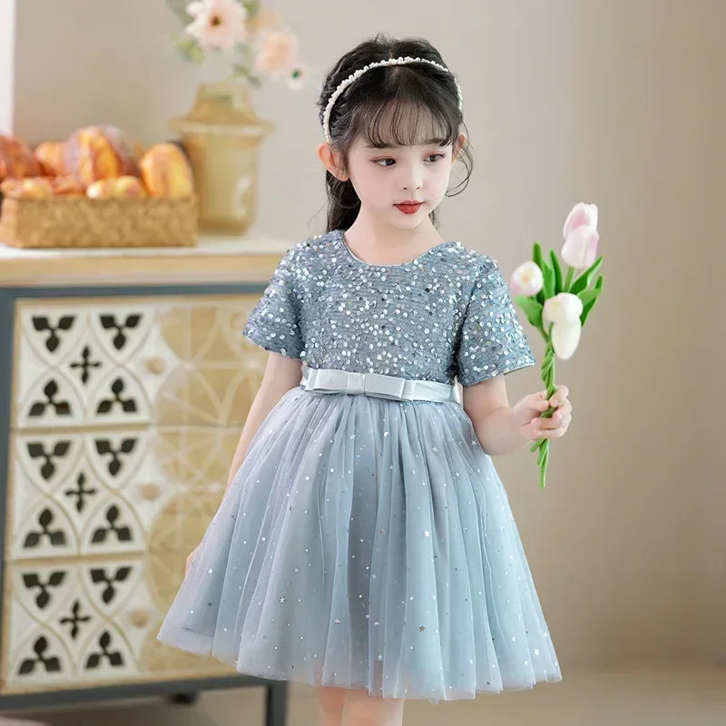 Fashion Girls Sequin Dress Lace Mesh Short Sleeve Princess Dress for Girls Summer Children Girls Party Dresses 4-14 Years