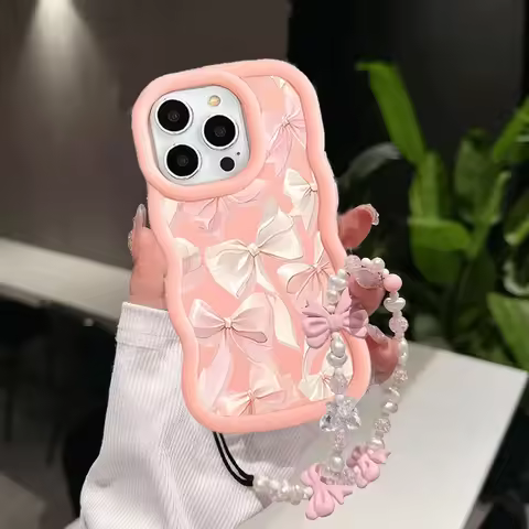 Pink Bow Pattern Chain Phone Case For OPPO A5 A3 Pro A3X A60 A38 A18 A78 Reno 13F 12F 11F 13 12 11 Pro 5G Bowknot Soft Casing