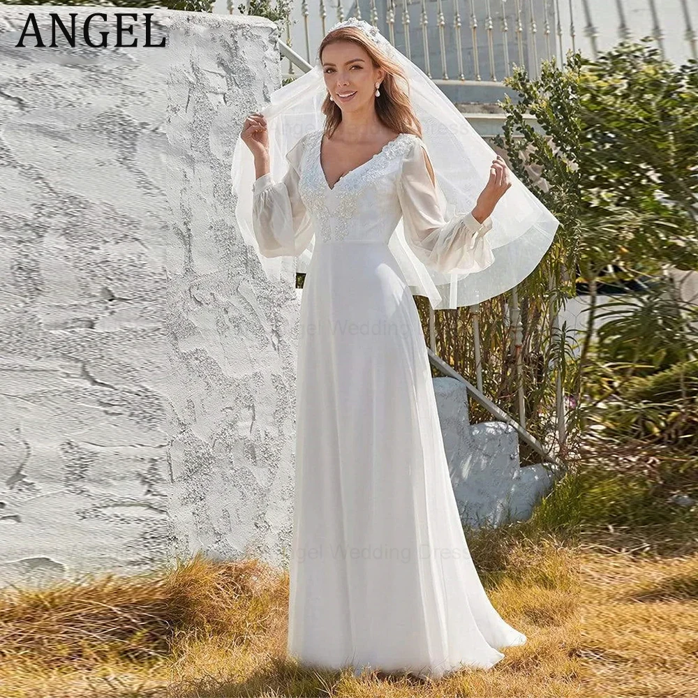 

ANGEL Classic Appliques Wedding Dress Simple Deep V-neck Long Sleeve Bridal Gown Beach Floor-Length Vestidos De Novia