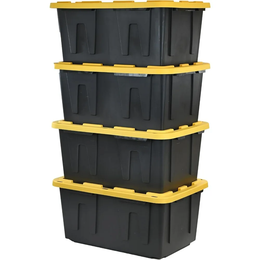 CX Black & Yellow 27-Gallon Heavy Duty Storage Bins with Lids 4 Pack Stackable Plastic Storage Containers Weather-Resistant Home