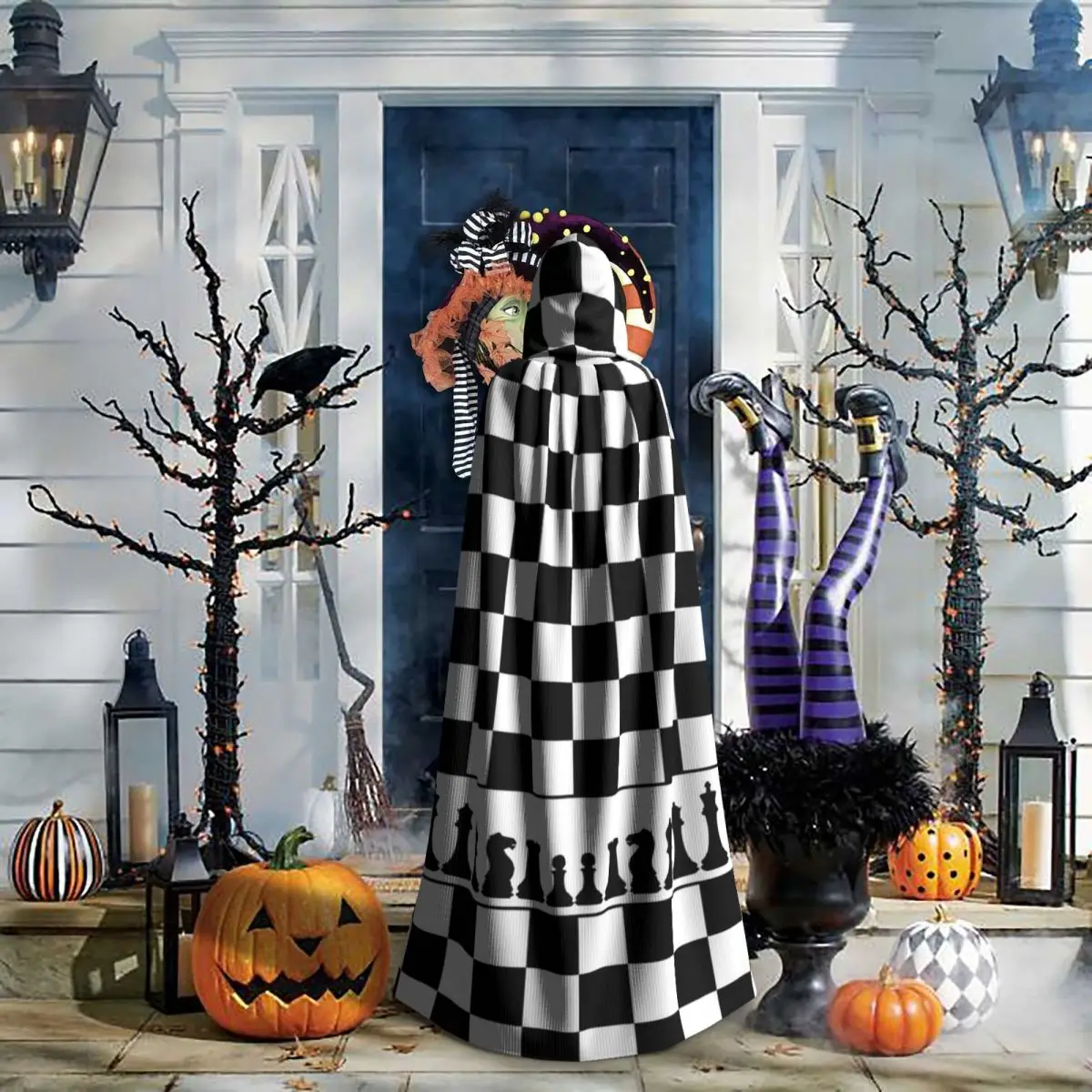 Scacchiera Griglia in bianco e nero Mantello lungo con cappuccio a quadretti Costume medievale da strega Mantello cosplay HalloweenVampiro Adulto unisex
