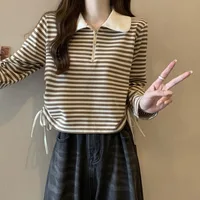 Women's Autumn Polo Shirt 2026 Striped Long Sleeve Drawstring Teddy Bear Collar Slimming T-Shirt - Image 4