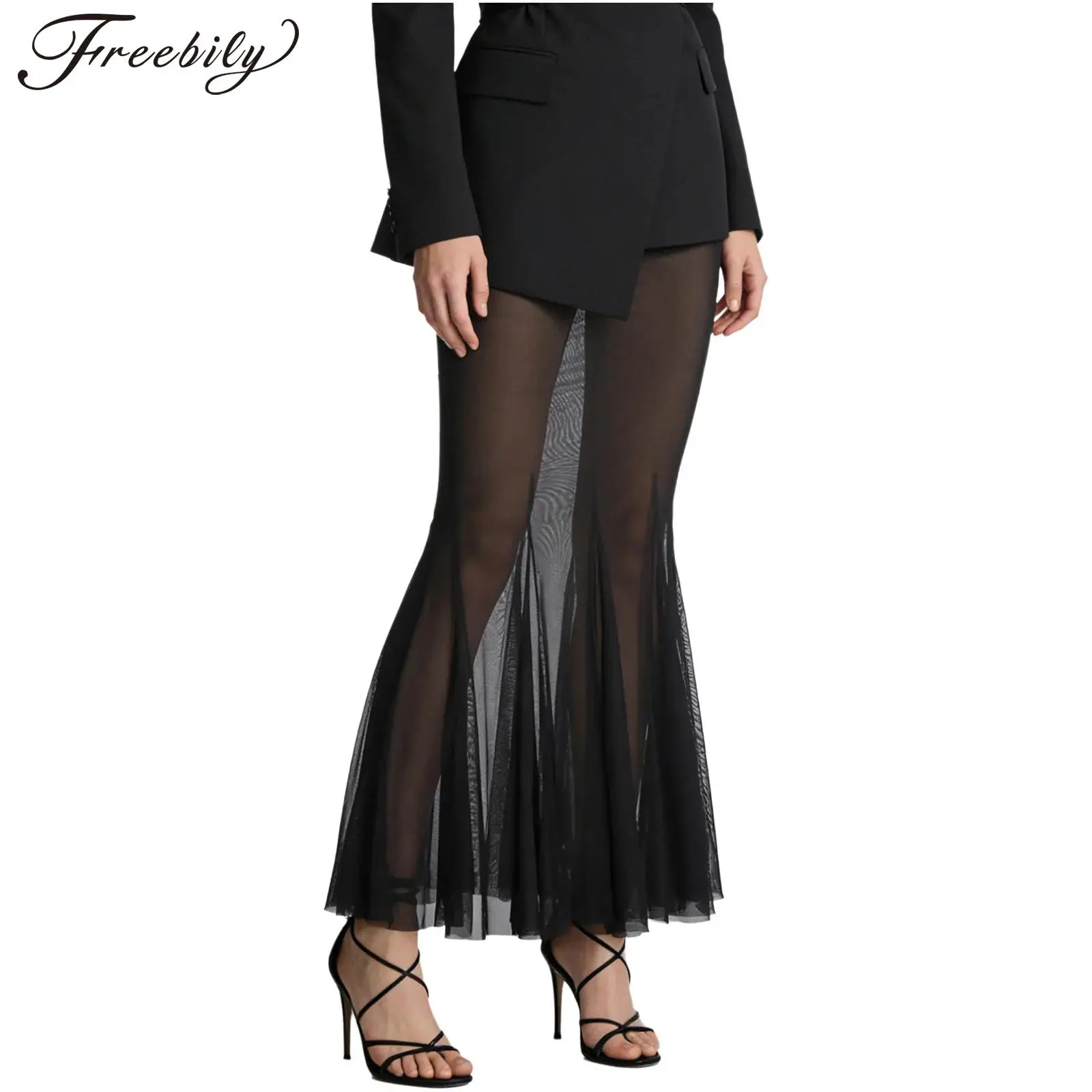 

Womens Wrap Hip Flared Hem Maxi Skirts Sheer Mesh Mermaid Skirt Elastic Waistband Party Clubwear Evening Prom Dance Costume