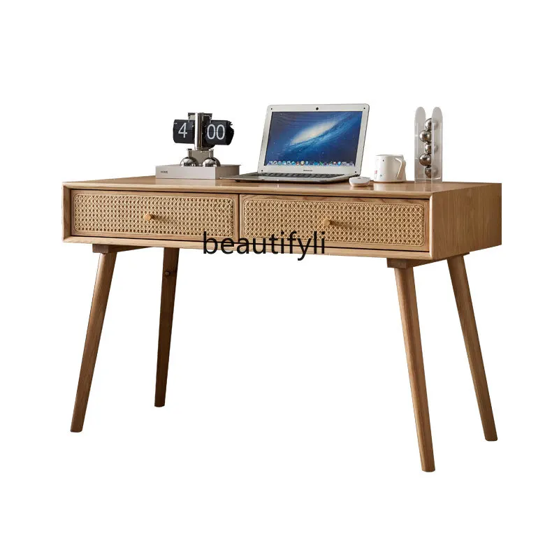 Rattan Solid Wood Desk Chair Combination Simple Japanese Small Apartment Computer Desk White Wax Calligraphy Table