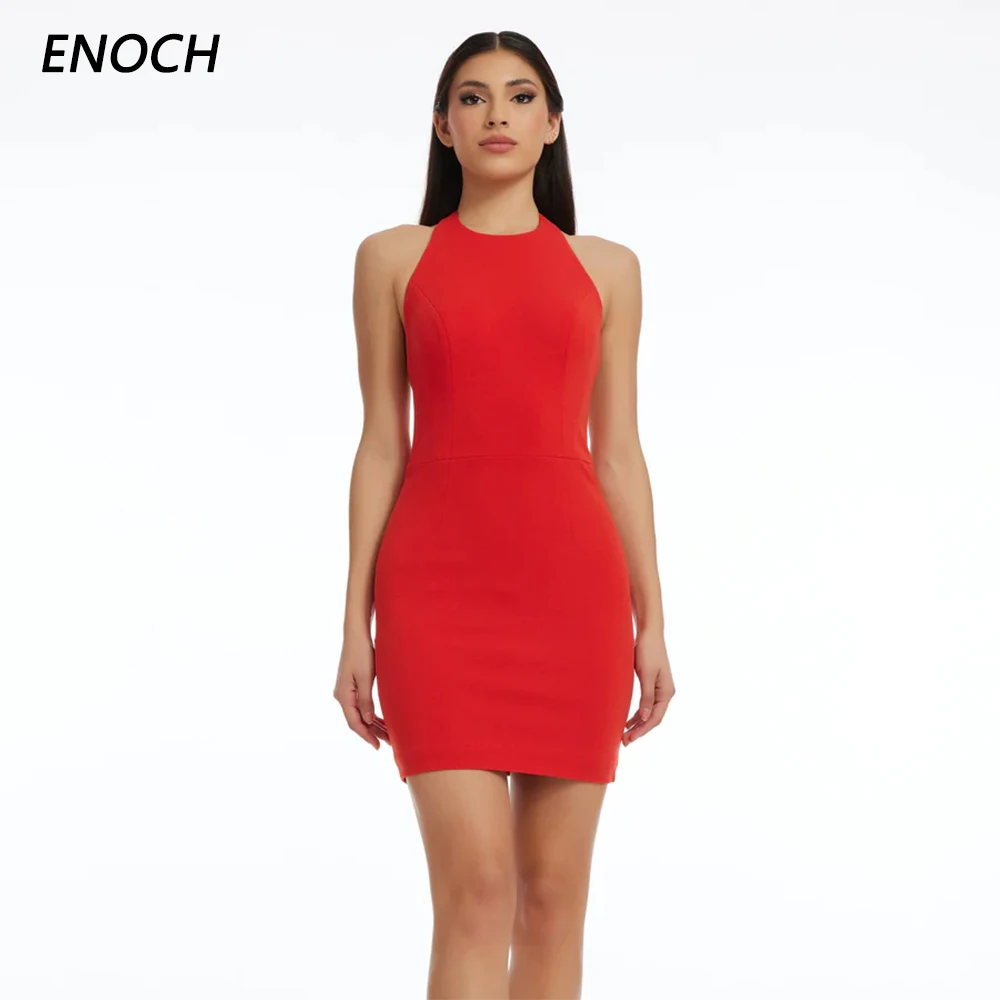 

ENOCH Simple Prom Dresses Halter Sleeveless Backless Zipper Satin Party Formal Gowns Above Knee Vestidos De Novia New فساتين الس