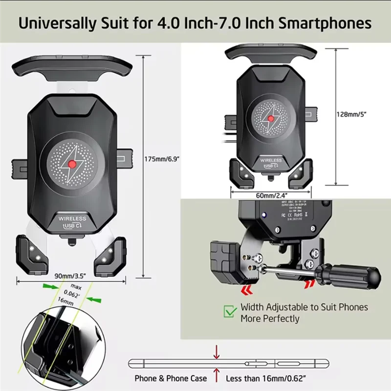 

NEW-Aluminium Motorcycle Phone Holder Anti-Theft Metal Bike Cellphone Mount With 15W Wireless & USB C 20W Fast Charge
