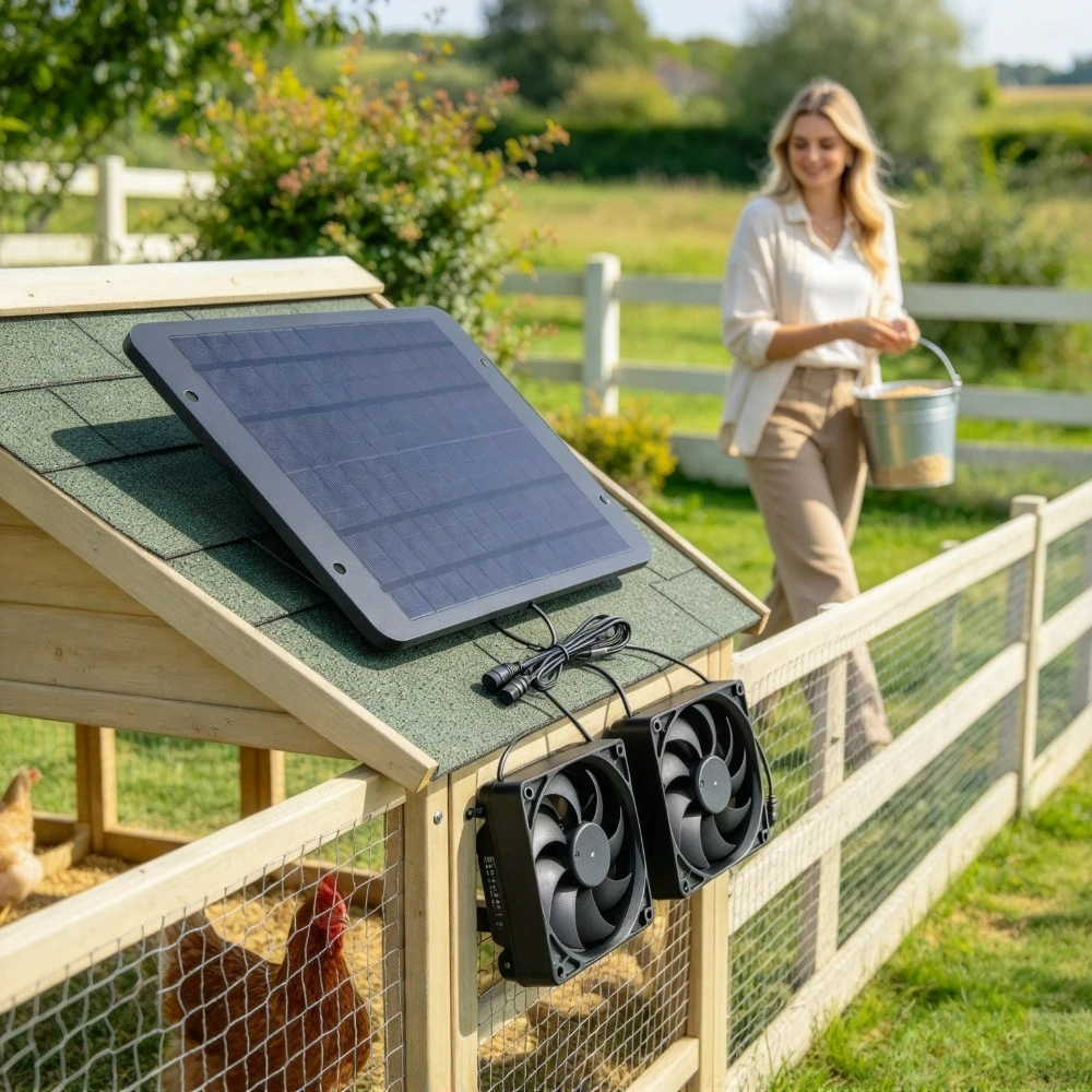 Solar Powered Double Exhaust Cooling Fan 15W Waterproof Solar Vent Fan for Dog Kennel Chicken Coop Greenhouse RV Camper Pet Shed
