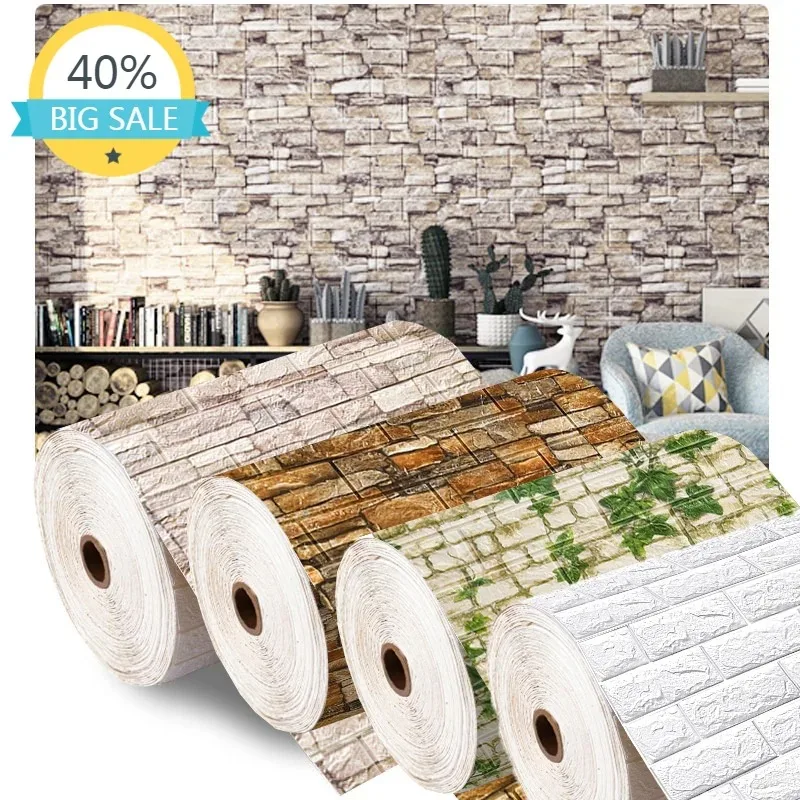 Waterproof 3D Self-Adhesive Wallpaper 1/2/5/10m Continuous Imitation Brick Wall Stickers Wallcovering Living Room Home Decor