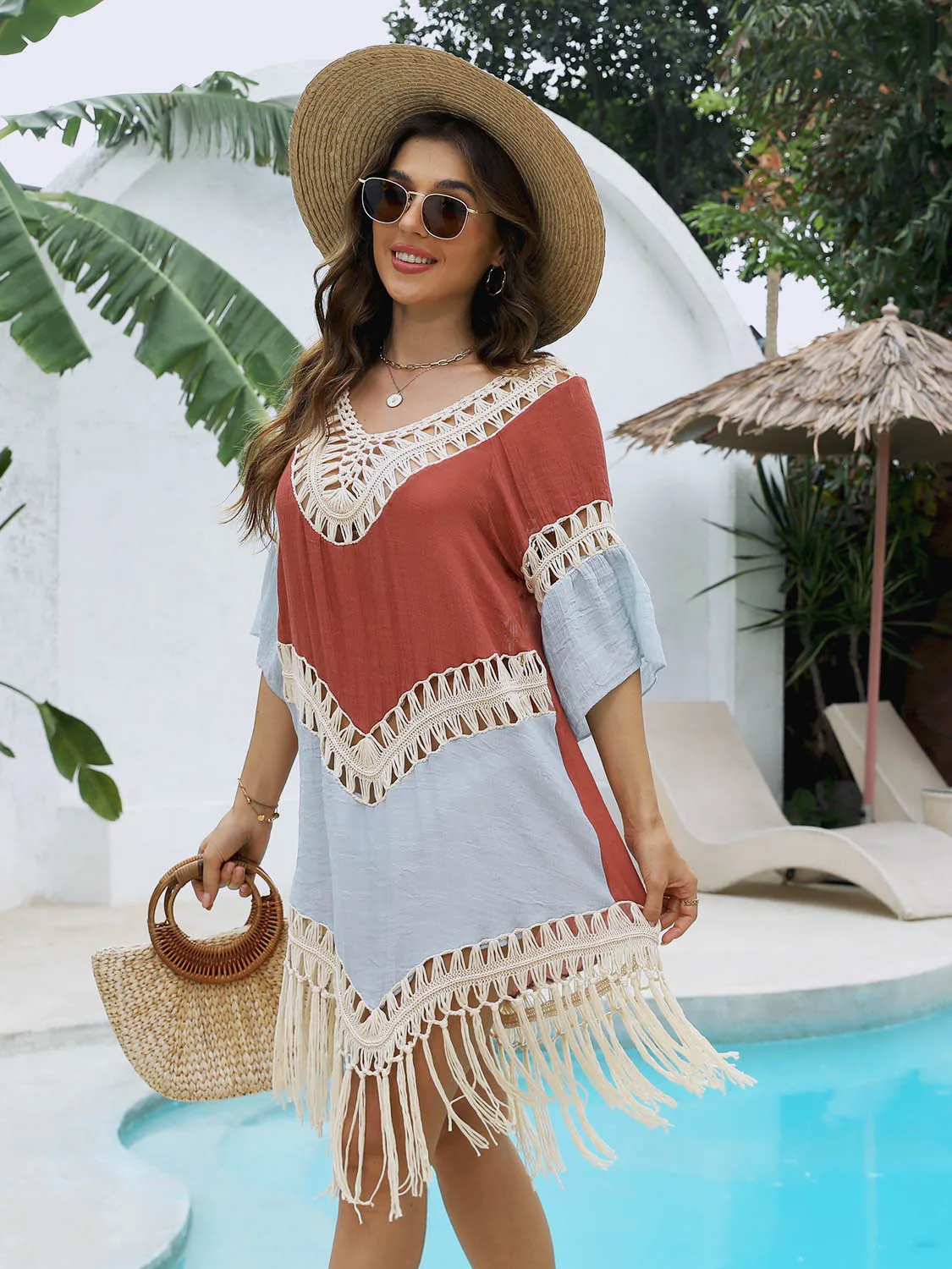 Copricostume da donna patchwork rosso blu Copricostume da spiaggia midi scavato all'uncinetto a mano Nappe senza schienale Color Ball Back Beachwear