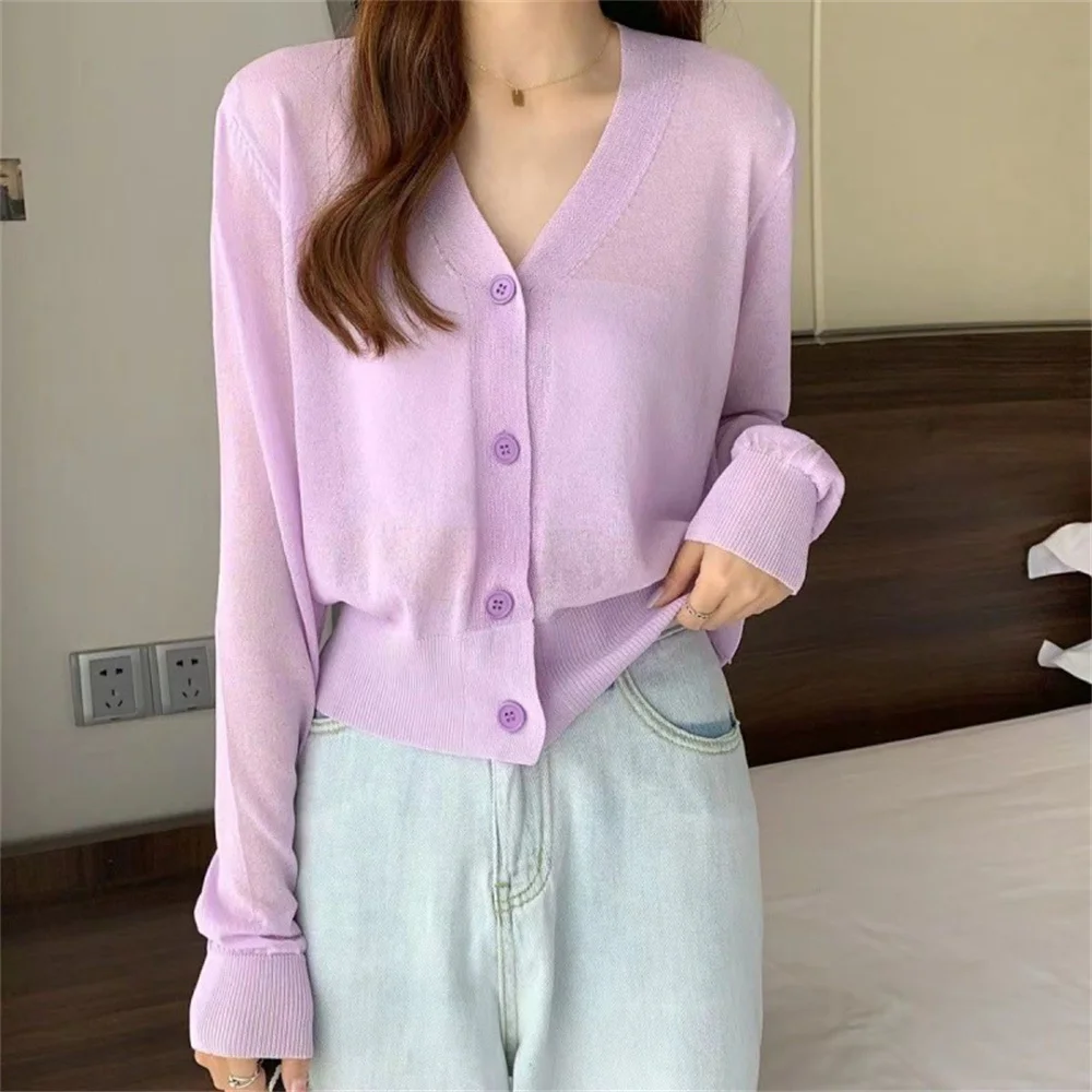 2024 Fashion Summer V Neck Cardigan Women Casual Transparent Sweater Shirts Lady Simple Thin Solid Outwear Female Crop Top