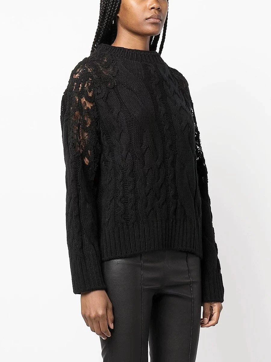 Premium Black White Wool Sweater For Women Cable Knit Lace Patchwork Loose Long Sleeve Elegant Autumn Winter Casual Party Top