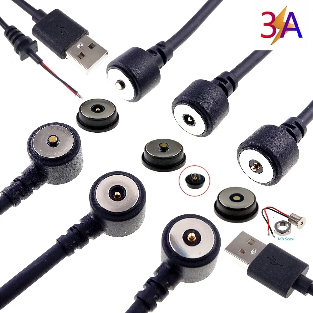 1 Set Hight Current Pogo Pin Magnetic Connector Spring-Loaded USB Cable Threaded M8 M12 Power Charge Waterproof Pad 3A 12V