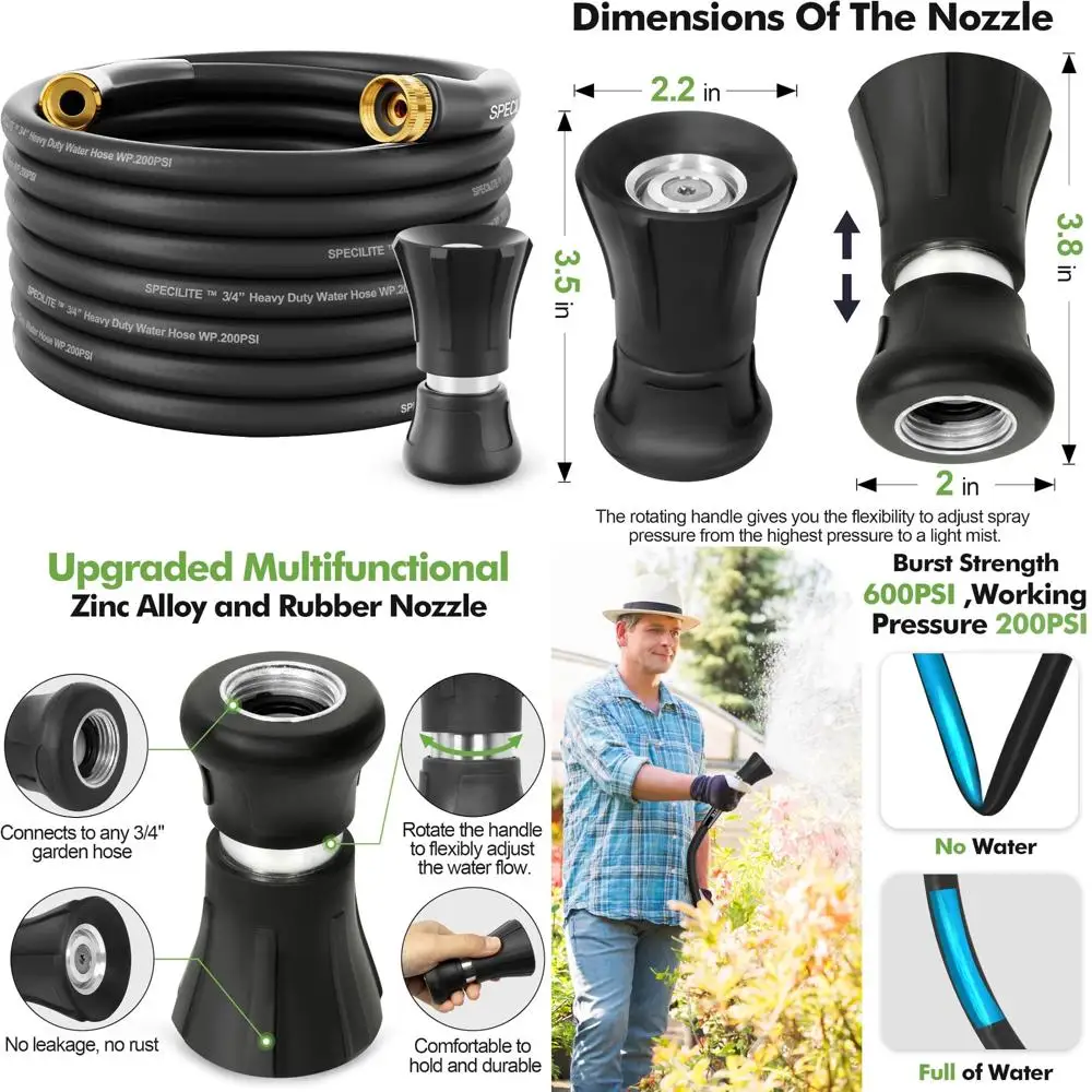 

High Flow 50ft Heavy Duty Flexible Rubber Garden Hose with Nozzle for Outdoor Use, Lightweight and Durable Water Hose for Lawn a