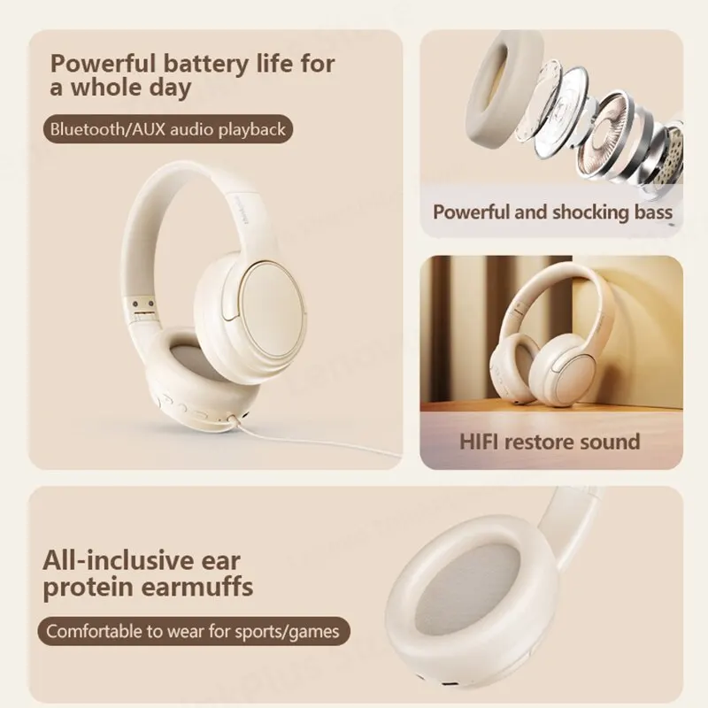 Lenovo TH20 Headphone Gaming, Headset nirkabel Bluetooth 5.3 dapat dilipat untuk olahraga musik 2023