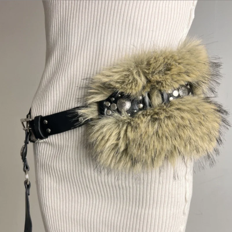 The Spice Girl Women's Harajuku Steampunk Y2K Plush Vintage Dark Furry Belts Concave Shaped Decorative Waist Chain