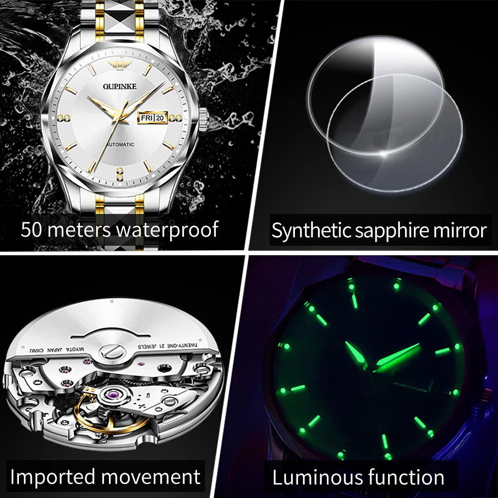 ﻿OUPINKE 3295 Mens Watch Automatic Mechanical Watch﻿ 50M Waterproof Tungsten Steel Sapphire Day-Date Watches Luxury Men Original