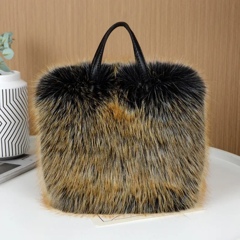 Meet You Women's Large Capacity Faux Fur Tote Bag Fashion Soft Plush Spliced Pu Leather Handbag Winter Fluffy Warm Shopper Purse