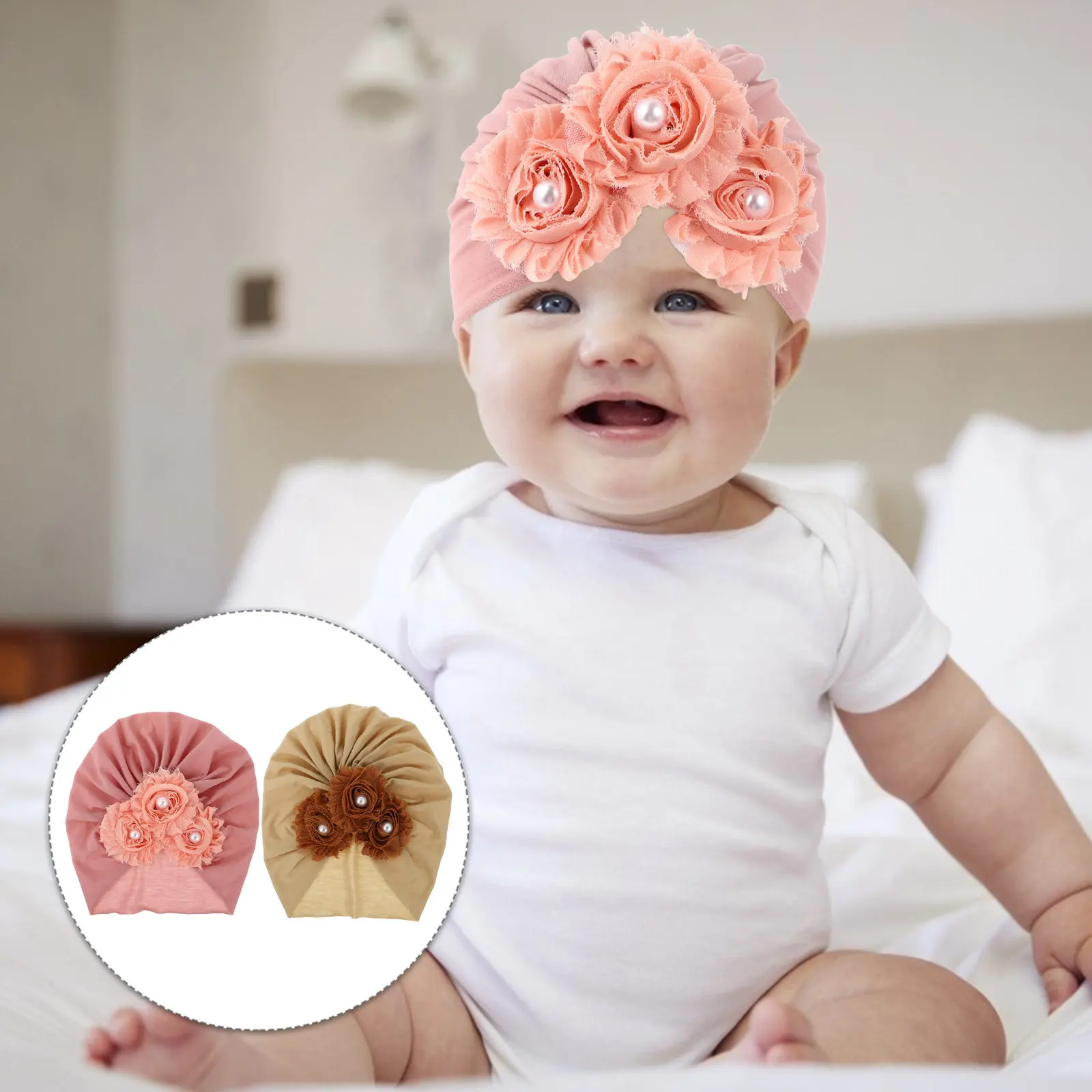 

2Pcs Kids Turban Hats Comfortable Cotton Headwear Decorative Baby Cap Photography Prop Children Flowers Design Beanie Hat