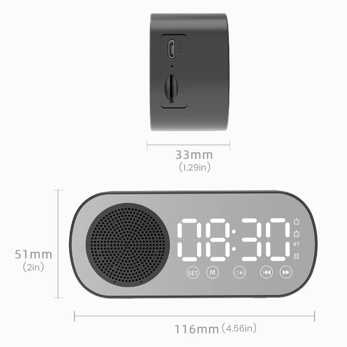 Digital Alarm Clock Bluetooth 5.0 Speaker LED Display Mirror Desk Alarm Clock with FM Radio Support TF Card Play Hands-Free Call