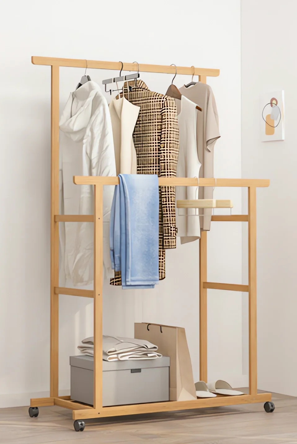 

Bamboo Clothes Rail Rack Double Hanging Rails Clothes Rack on Wheels Free Standing Garment with Storage Shelves Coat