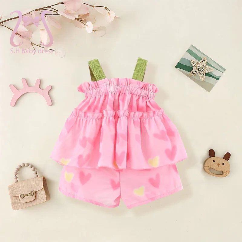 2 Teile/satz Modische Kinder Blume Ärmellose Anzug Süße Baby Mädchen Top Und Hosen Neugeborenen Herz Kleidung 0-3 Jahre alt Kleinkind