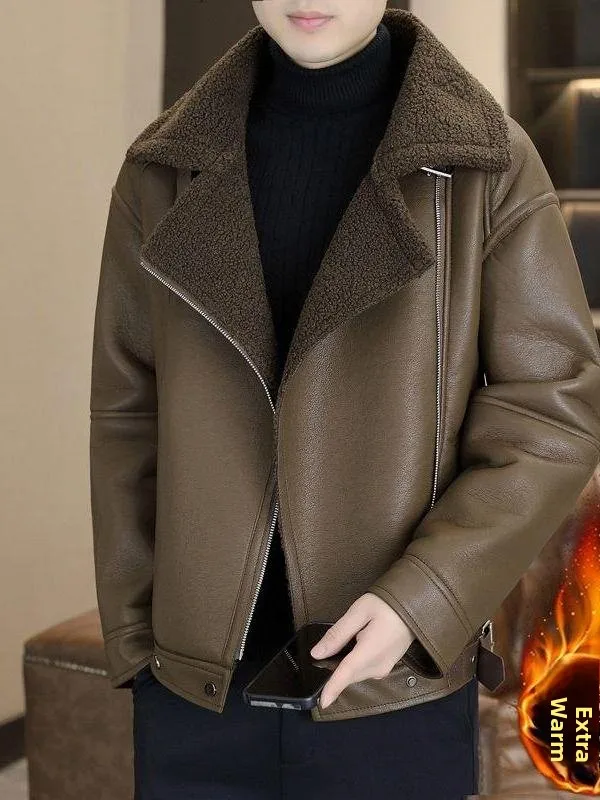 

Men's Fce Lined Thi Warm Lamb Skin Jaet ort Winter Motorcycle Jaet Cleanfit Sle Long Sve Zipper Closure Fai...