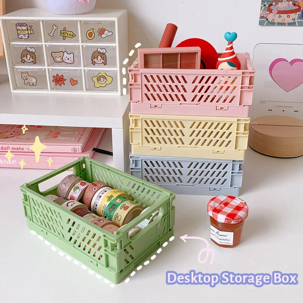 6 Colors Foldable Plastic Storage Baskets for Student Desk Stationery Tape Organizer Desktop Storage Box