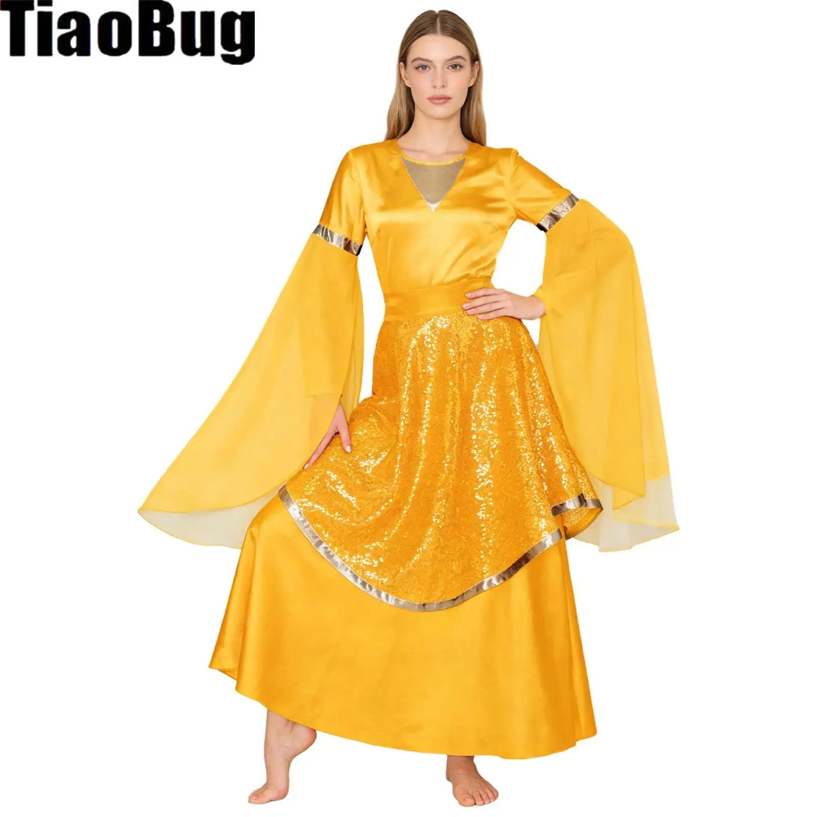 

Женское литургическое танцевальное платье с длинными рукавами, расклешенным шифоновым верхом, атласной туникой и юбкой с асимметричным подолом и пайетками