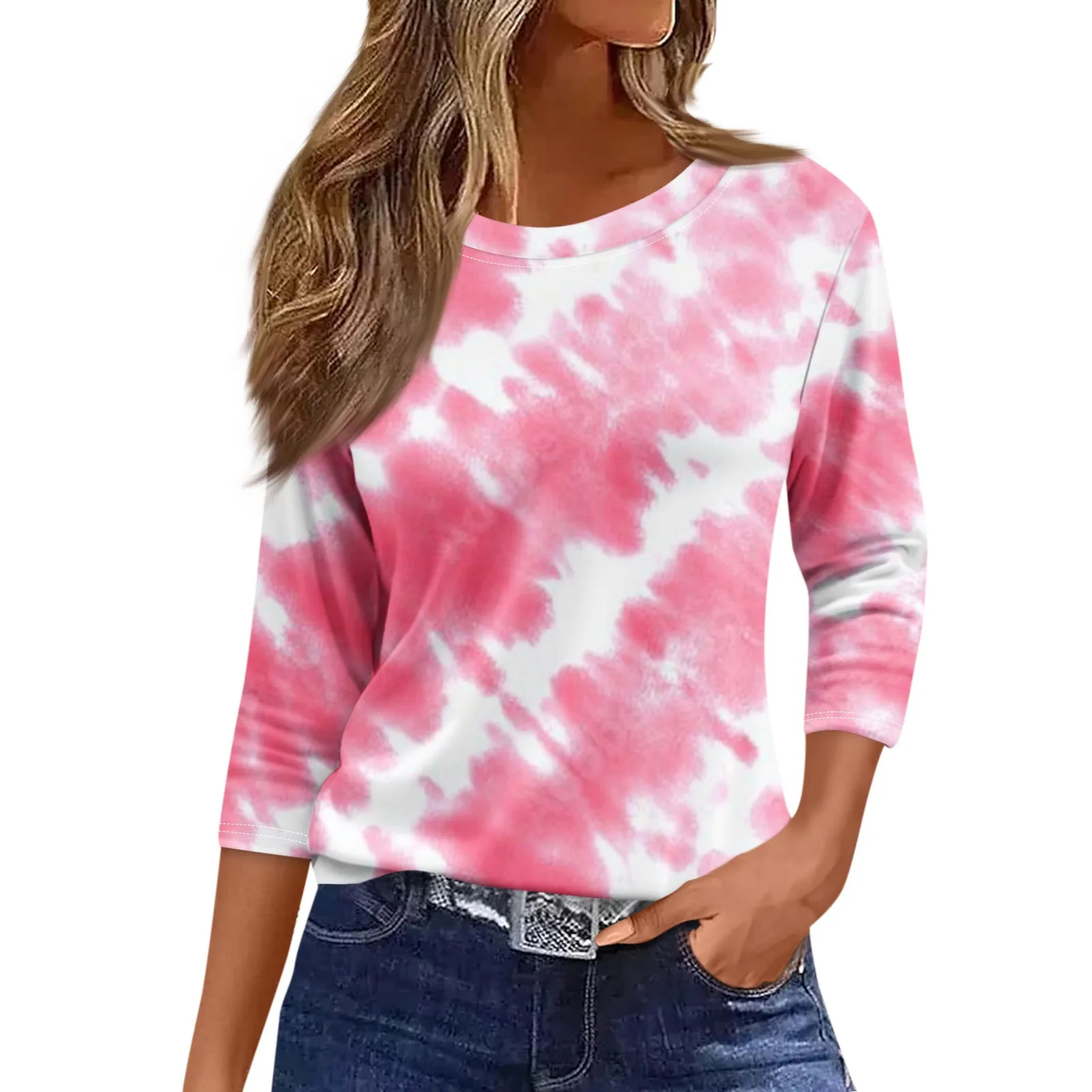 Moda damska Casual Round Neck 3/4 Sleeve Loose Printed T-Shirt Ladies Top Dressy Tops for Women Trendy Womens Summer Tops