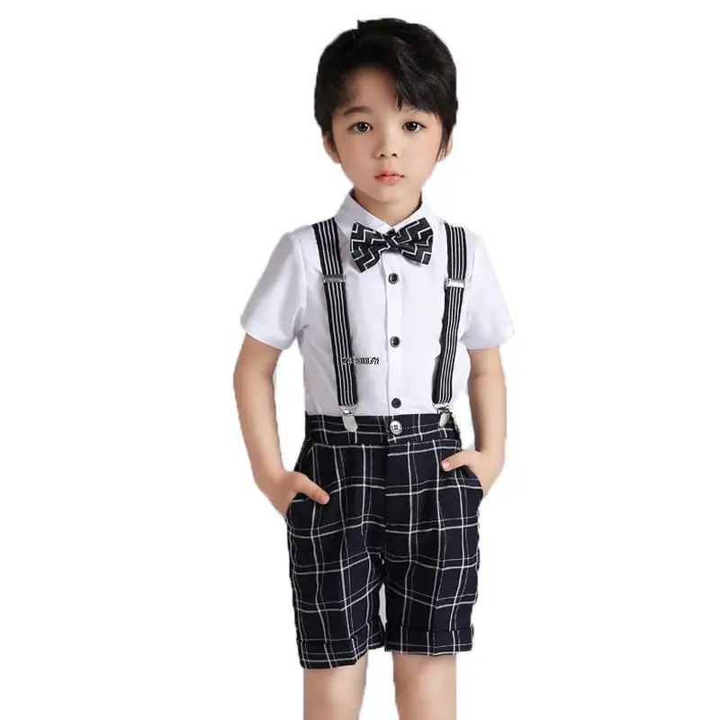 

Kids Birthday Baptism Wedding Suit Children Graduation Party Costume Boys Shirt Suspender Shorts Bowtie 4PCS Photograph Set