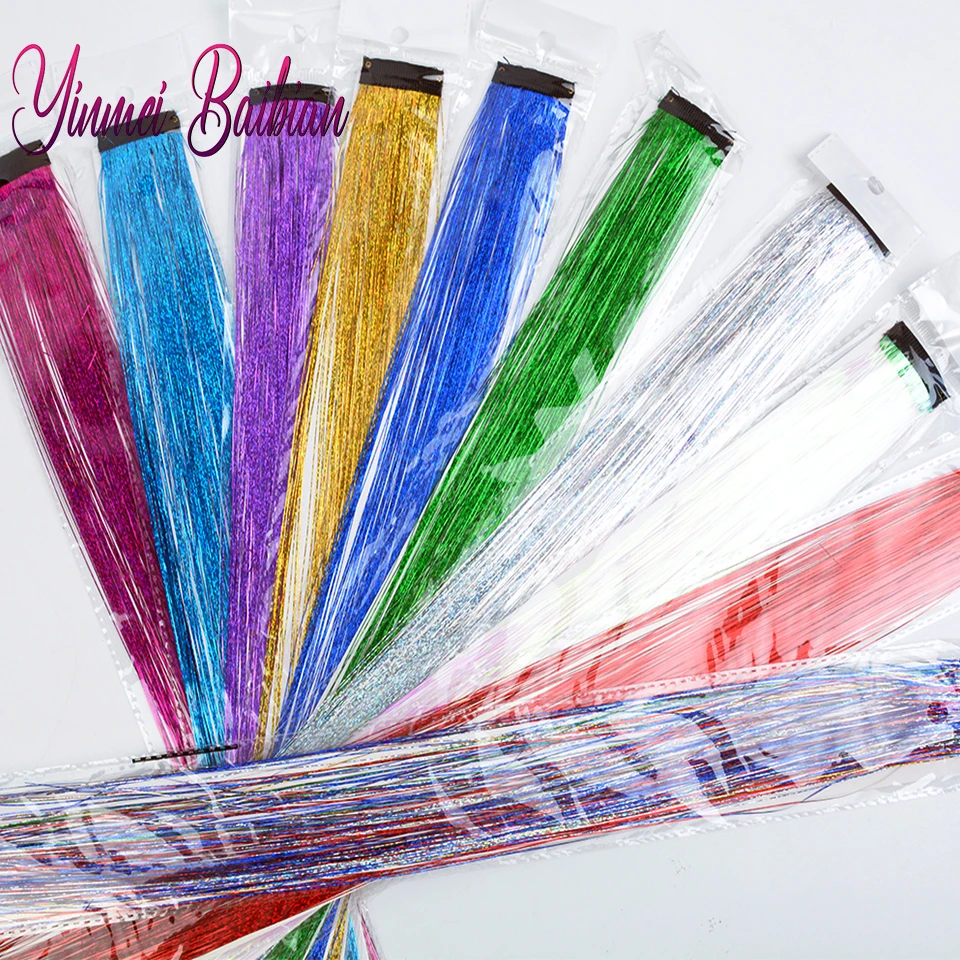 10Pcs/set Highlight Glitter Tinsel Hair Extensions Clip In Colored Party Sparkling Shiny Hair Extensions Streak Bling Hairpieces