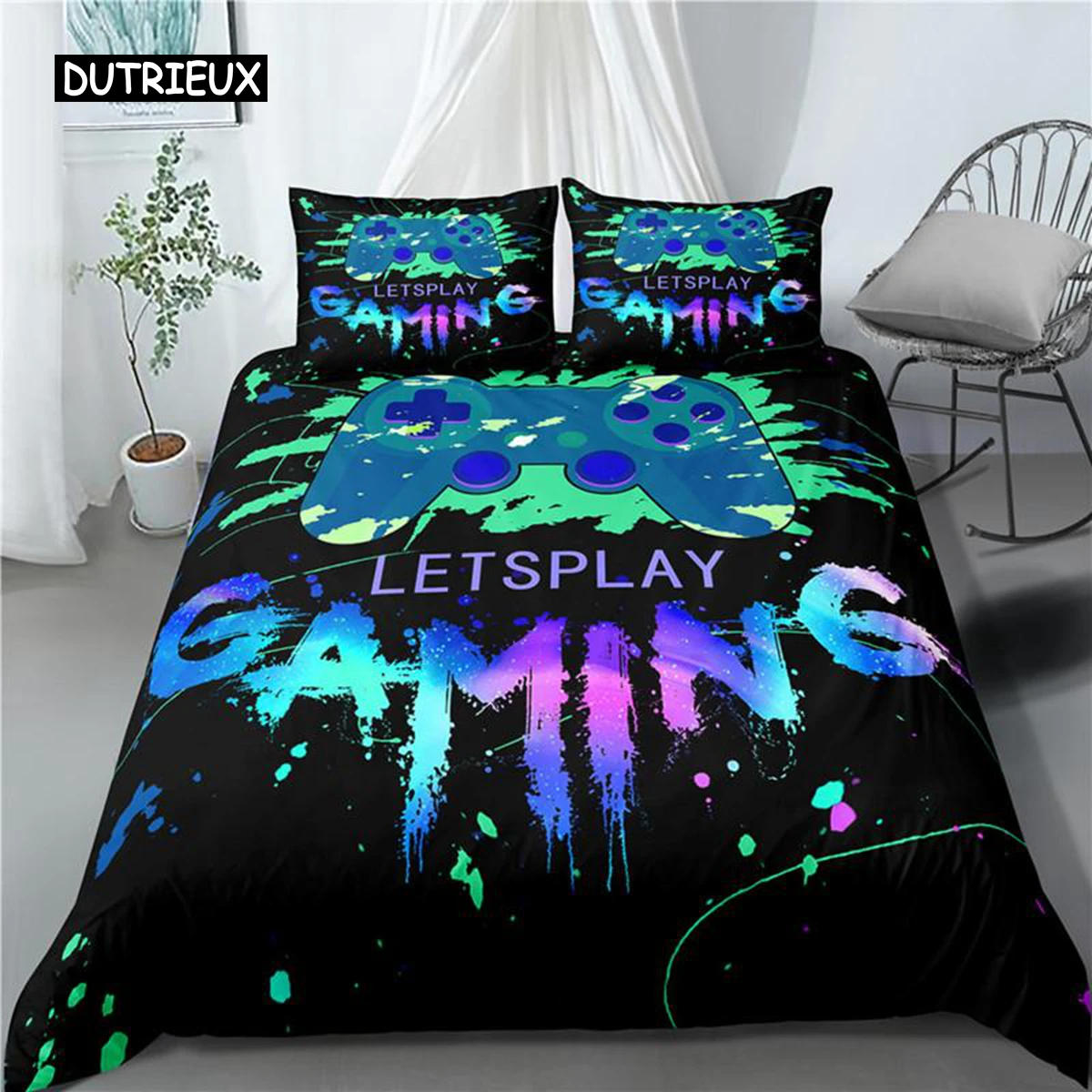 

Gaming Duvet Cover Set Gamer Room Decor for Boy Kids Teen Video Games Twin Bedding Set Microfiber Gamepad Let's Play Quilt Cover